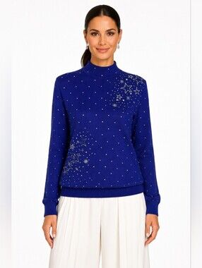 St John Evening Marie Gray Sweater S Blue Rhinestone Star Celestial Knit
